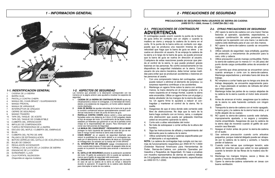 McCulloch MCC1635AK-CA, MCC1435A Advertencia, Informacion General Precauciones DE Seguridad, Precauciones DE Contragolpe 