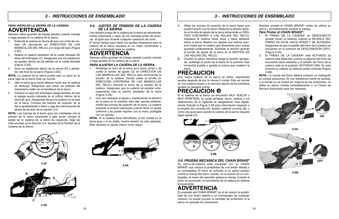 McCulloch MCC1635A-CA, MCC1435A Precaucion, Justes DE Tension DE LA Cadena DE LA Sierra, Prueba Mecanica DEL Chain Brake 