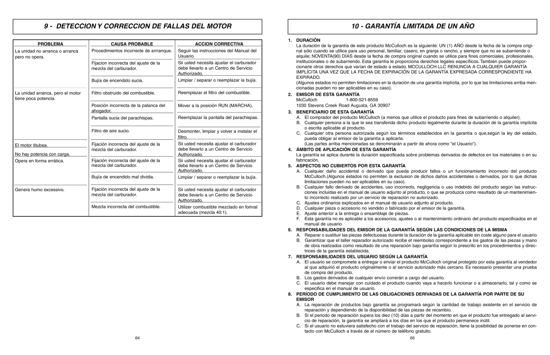 McCulloch MCC1635A, MCC1435A-CA Problema, Causa Probable, Accion Correctiva, Duración, Emisor DE Esta Garantía 