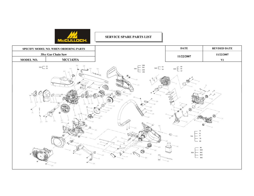 McCulloch MCC1635AK-CA, MCC1435A-CA, MCC1635A-CA user manual Service Spare Parts List 