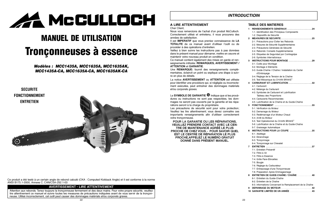 McCulloch MCC1635A-CA Tronçonneuses à essence, Manuel De Utilisation, Introductioin, Modèles MCC1435A, MCC1635A, MCC1635AK 