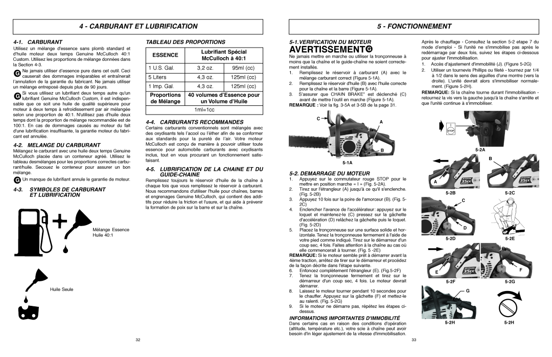 McCulloch MCC1635A-CA Carburant Et Lubrification, Fonctionnement, Tableau Des Proportions, Essence, Lubrifiant Spécial 