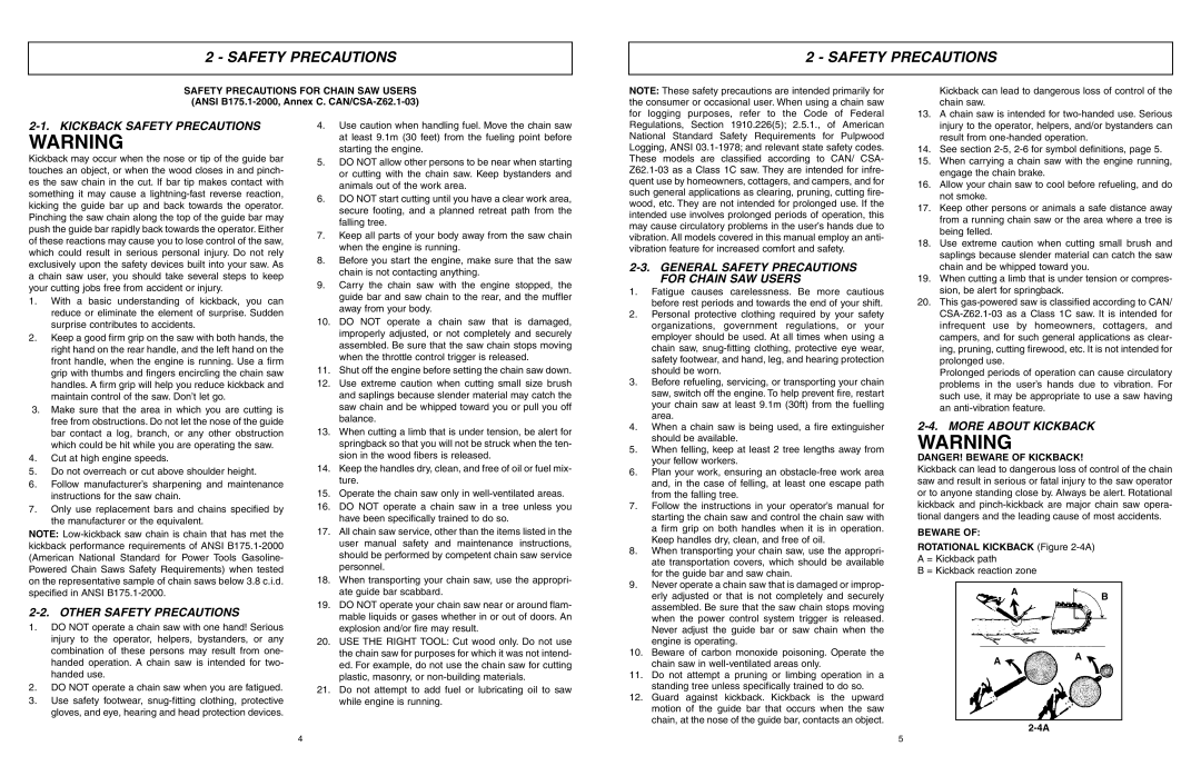 McCulloch MCC1435A, MCC1635A Kickback Safety Precautions, Other Safety Precautions, More About Kickback, AB AA 2-4A 