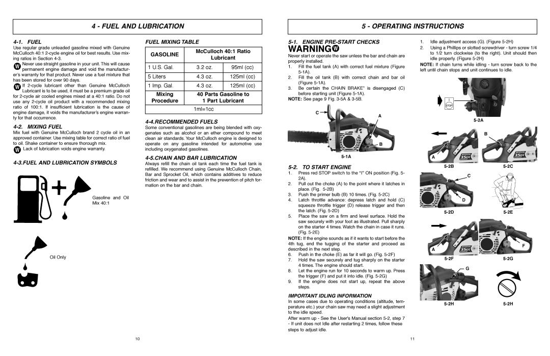 McCulloch MCC1435A-CA Fuel And Lubrication, Operating Instructions, Fuel Mixing Table, Gasoline, McCulloch 401 Ratio 