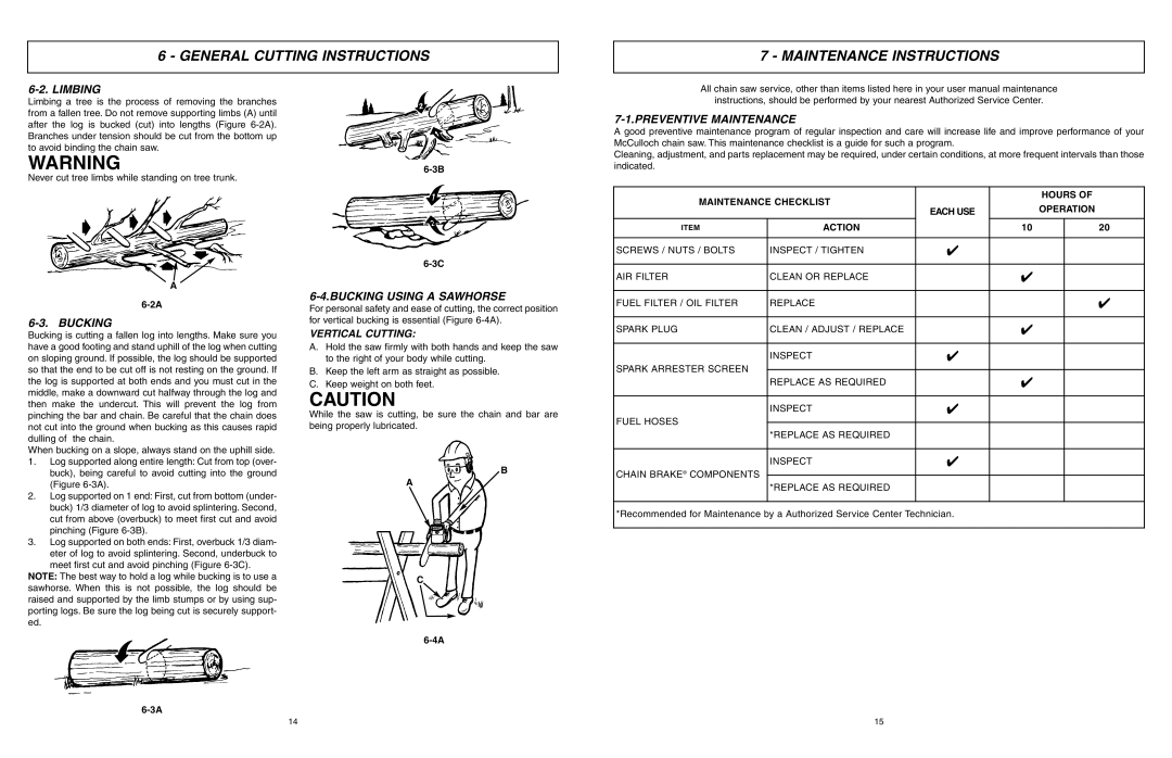 McCulloch MCC1435A Maintenance Instructions, Limbing, Bucking Using A Sawhorse, Preventive Maintenance, A 6-2A, Action 