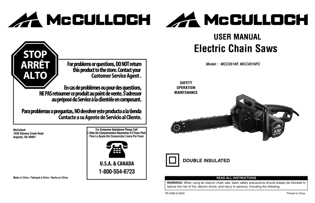 McCulloch MCC3516F, MCC4516FC user manual Electric Chain Saws 