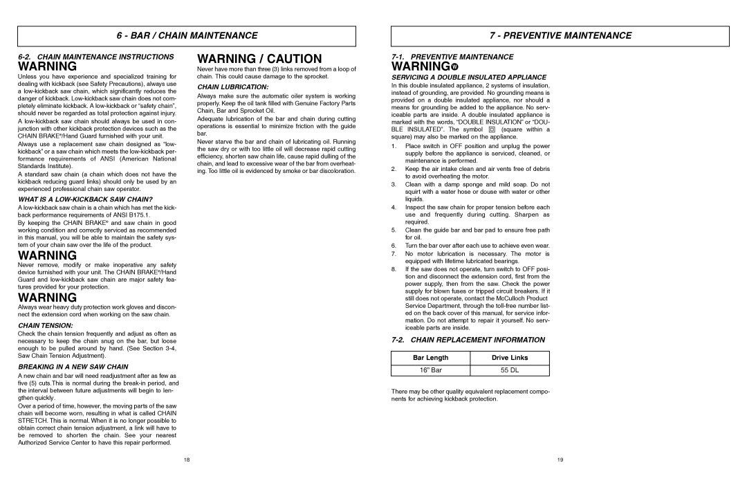 McCulloch MCC4516FC, MCC3516F user manual BAR / Chain Maintenance Preventive Maintenance, Chain Maintenance Instructions 