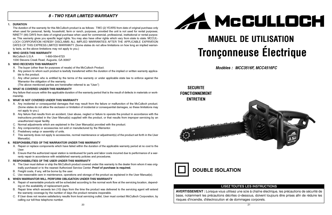 McCulloch MCC3516F, MCC4516FC user manual TWO Year Limited Warranty 