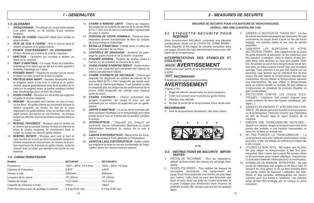 McCulloch MCC3516F, MCC4516FC user manual Rouge Avertissement, Generalites Measures DE Securite 