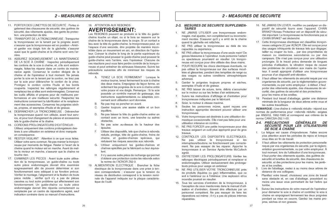 McCulloch MCC4516FC, MCC3516F user manual Mesures DE Securite SUPPLEMEN- Taires 