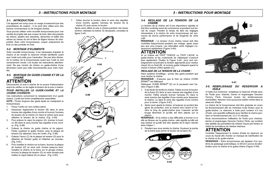 McCulloch MCC4516FC, MCC3516F Instructions Pour Montage, Montage D’ELEMENTS, Montage DU GUIDE-CHAINE ET DE LA Chaine 