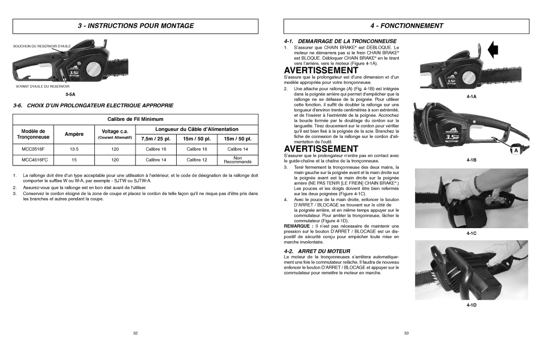 McCulloch MCC3516F Instructions Pour Montage Fonctionnement, Choix D’UN Prolongateur Electrique Approprie, Arret DU Moteur 