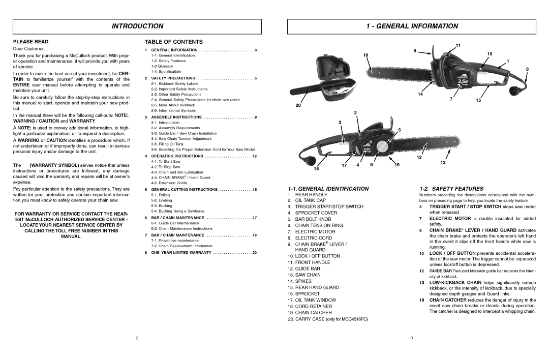 McCulloch MCC4516FC, MCC3516F user manual Introduction General Information, General Identification, Safety Features 