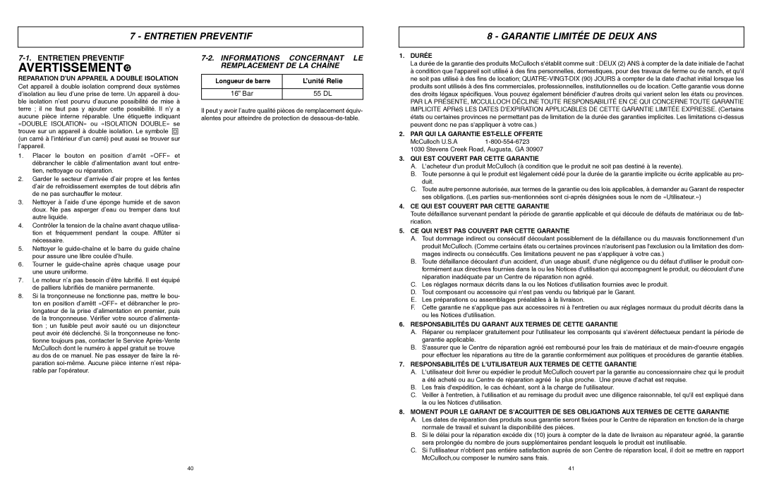 McCulloch MCC3516F Entretien Preventif Garantie Limitée DE Deux ANS, Informations Concernant LE Remplacement DE LA Chaîne 