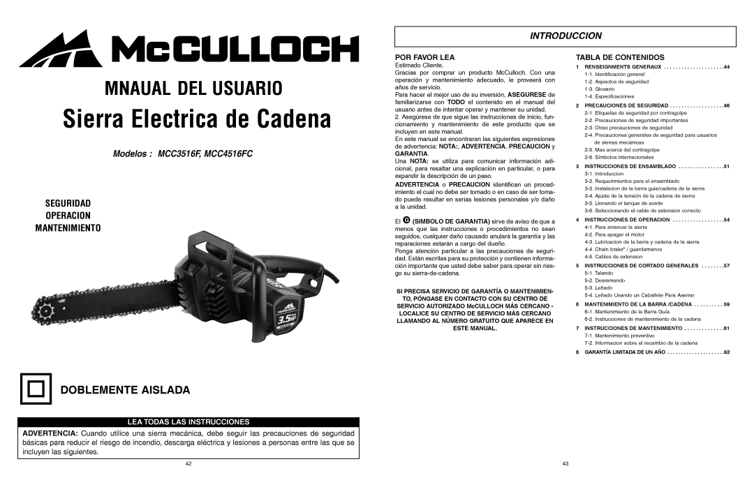 McCulloch MCC4516FC, MCC3516F user manual Introduccion, Garantia 