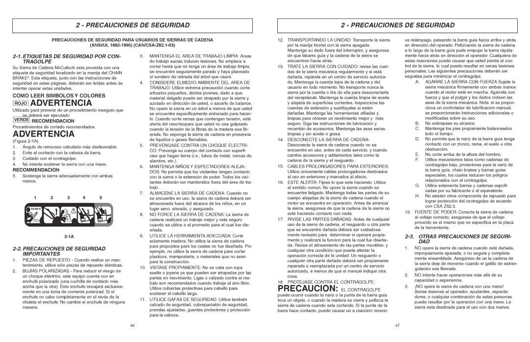 McCulloch MCC4516FC, MCC3516F user manual Rojo Advertencia, Precauciones DE Seguridad 