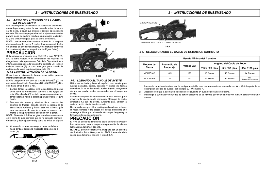 McCulloch MCC3516F, MCC4516FC user manual Ajuse DE LA Tension DE LA CADE- NA DE LA Sierra, Llenando EL Tanque DE Aceite 