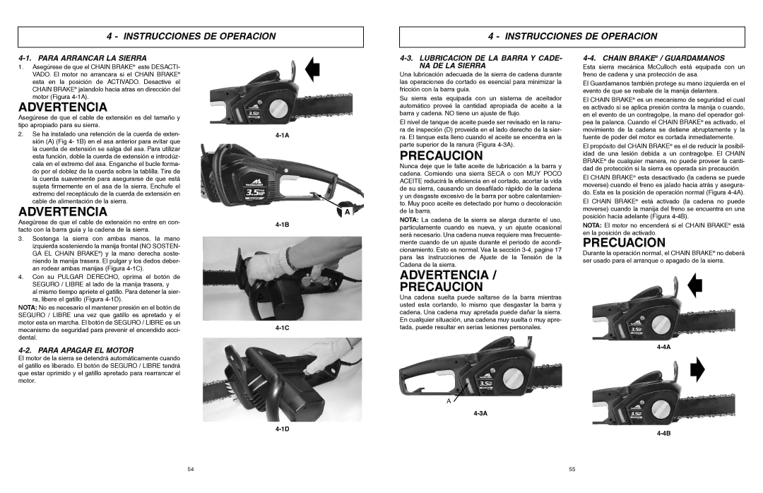 McCulloch MCC4516FC, MCC3516F user manual Advertencia Precaucion, Precuacion, Instrucciones DE Operacion 