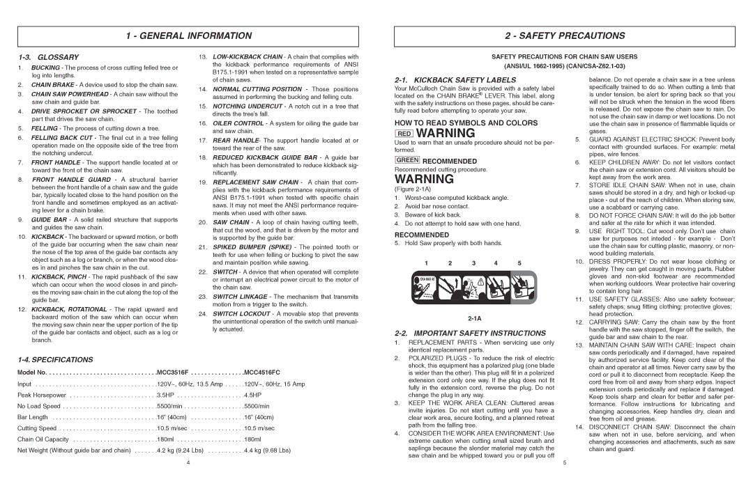 McCulloch MCC3516F, MCC4516FC user manual RED Warning, General Information Safety Precautions 