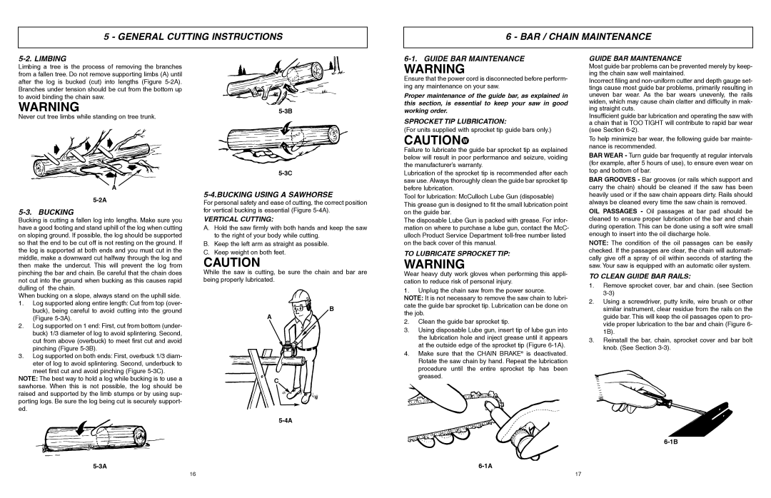 McCulloch MCC3516F, MCC4516FC General Cutting Instructions BAR / Chain Maintenance, Limbing, Bucking Using a Sawhorse 