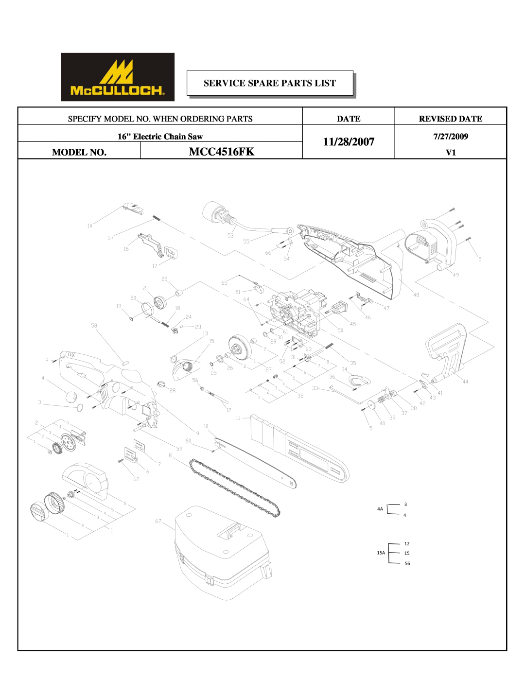 McCulloch MCC4516FK manual 11/28/2007, Specify Model No. When Ordering Parts, Revised Date, Electric Chain Saw 