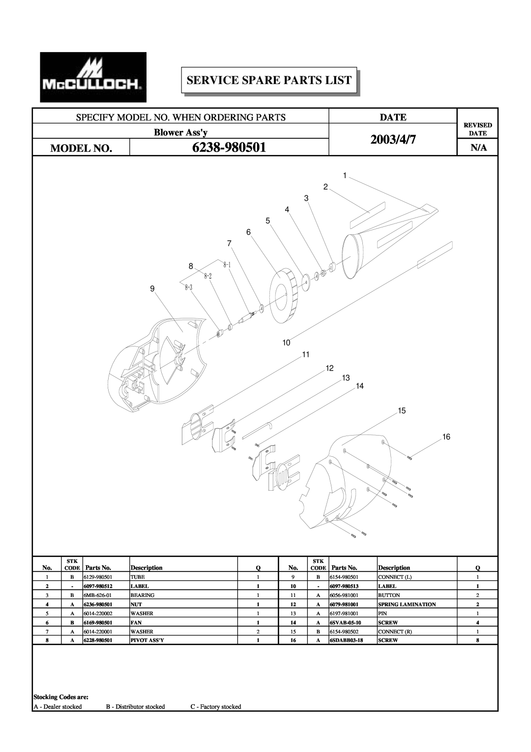 McCulloch MCM108B manual 6238-980501, 2003/4/7, Service Spare Parts List, Specify Model No. When Ordering Parts, Date 