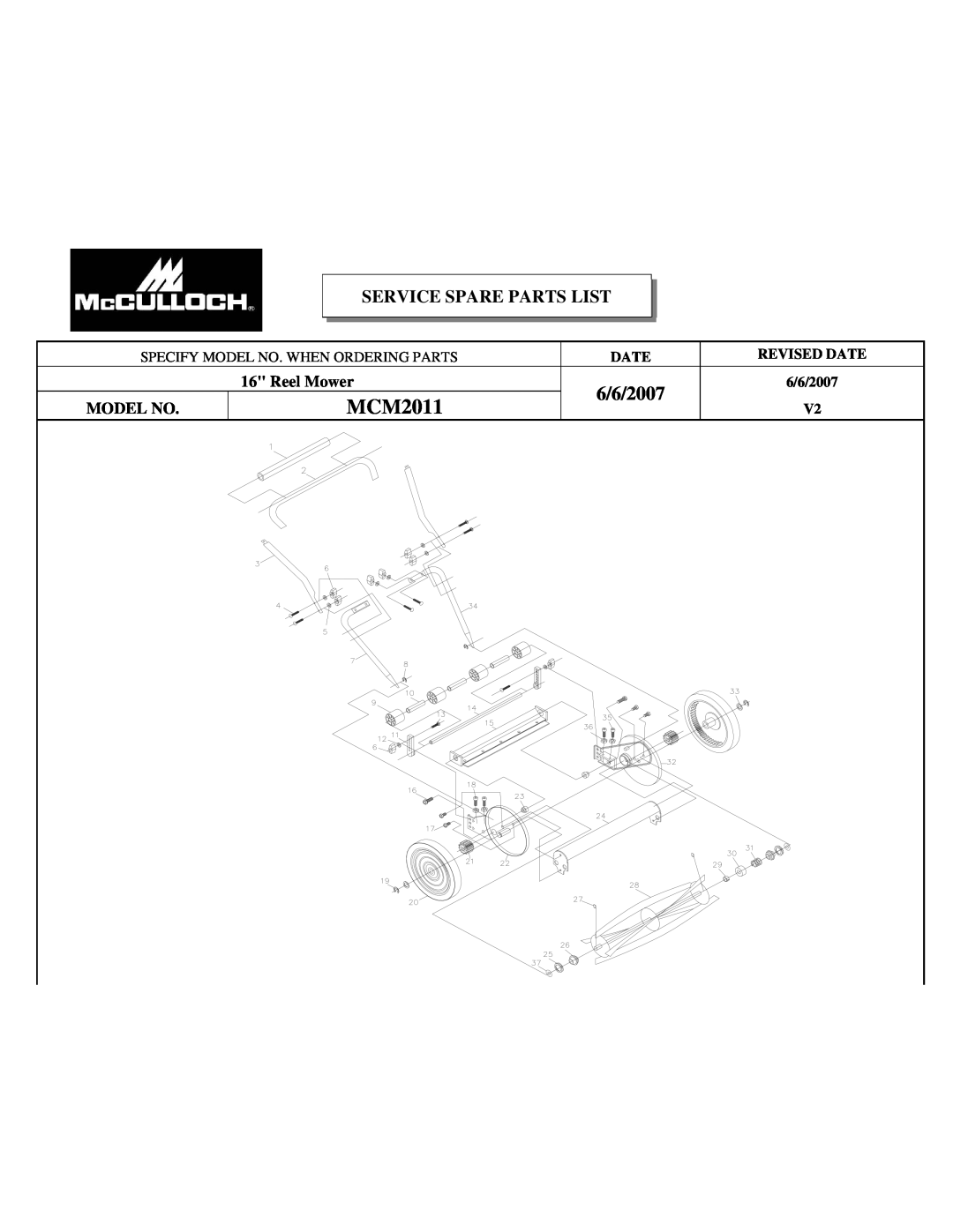 McCulloch MCM2011 manual 6/6/2007, Service Spare Parts List, Specify Model No. When Ordering Parts, Revised Date 