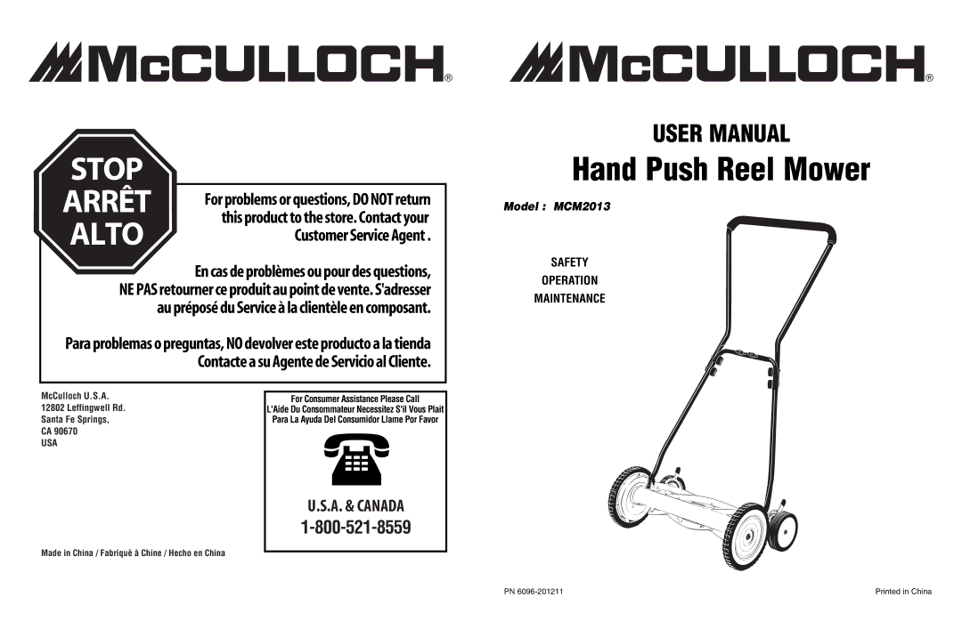 McCulloch MCM2013 user manual Hand Push Reel Mower, Alto 