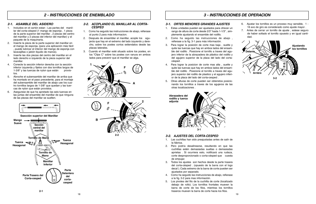 McCulloch MCM2013 Instrucciones DE Enemblado Instrucciones DE Operacion, Asamble DEL Asidero, Ajustes DEL CORTA-CESPED 