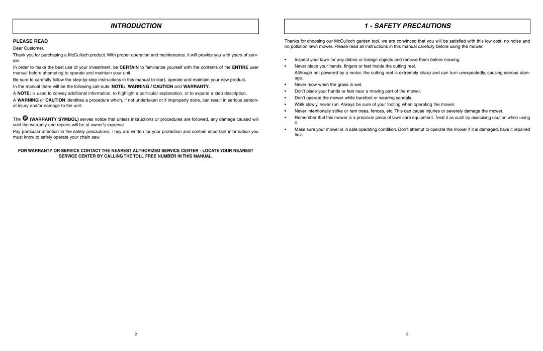 McCulloch MCM2013 user manual Introduction, Safety Precautions 