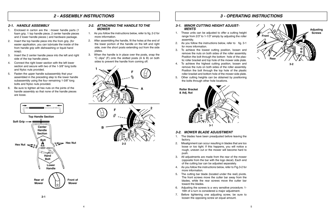 McCulloch MCM2013 Assembly Instructions Operating Instructions, Handle Assembly, Attaching the Handle to the Mower 