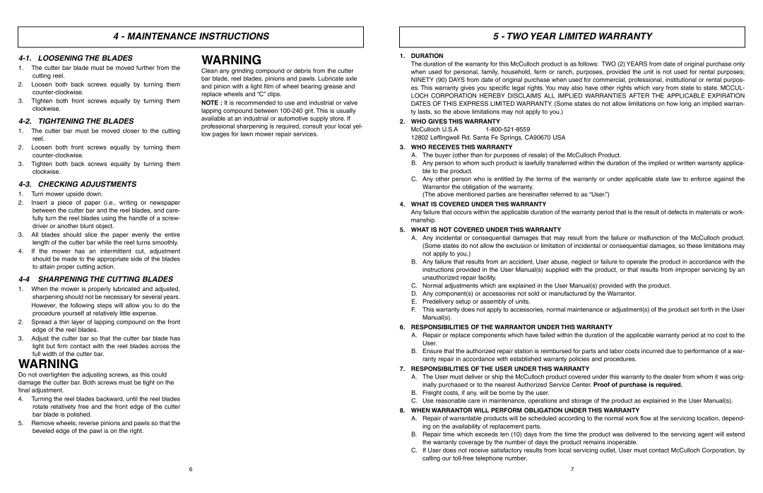 McCulloch MCM2013 Maintenance Instructions TWO Year Limited Warranty, Loosening the Blades, Tightening the Blades 