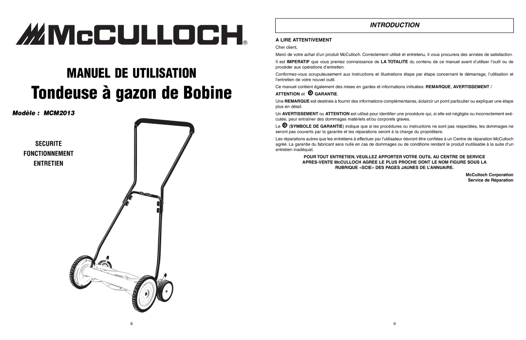 McCulloch MCM2013 user manual Tondeuse à gazon de Bobine, Lire Attentivement 