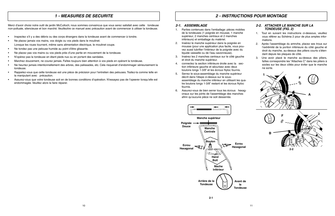 McCulloch MCM2013 Measures DE Securite Instructions Pour Montage, Assemblage, Attacher LE Manche SUR LA Tondeuse FIG 