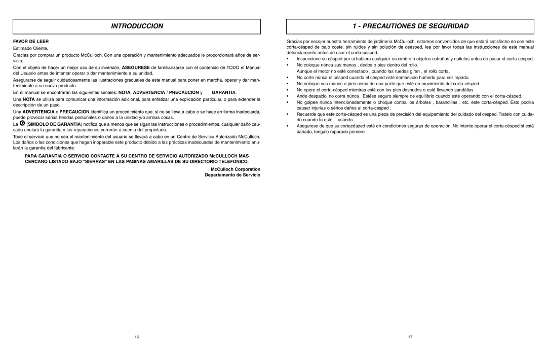 McCulloch MCM2013 user manual Introduccion, Precautiones DE Seguridad, Favor DE Leer 