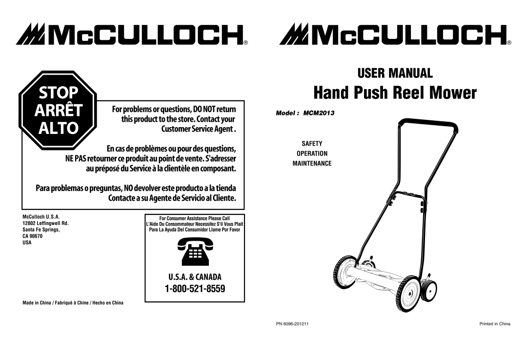 McCulloch user manual Hand Push Reel Mower, Model MCM2013, Safety Operation Maintenance, Alto, Stop, Arrêt 