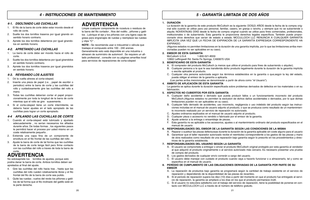 McCulloch MCM2013 Advertencia, Instrucciones De Maintenimiento, Garantía Limitada De Dos Años, Dsoltando Las Cuchillas 