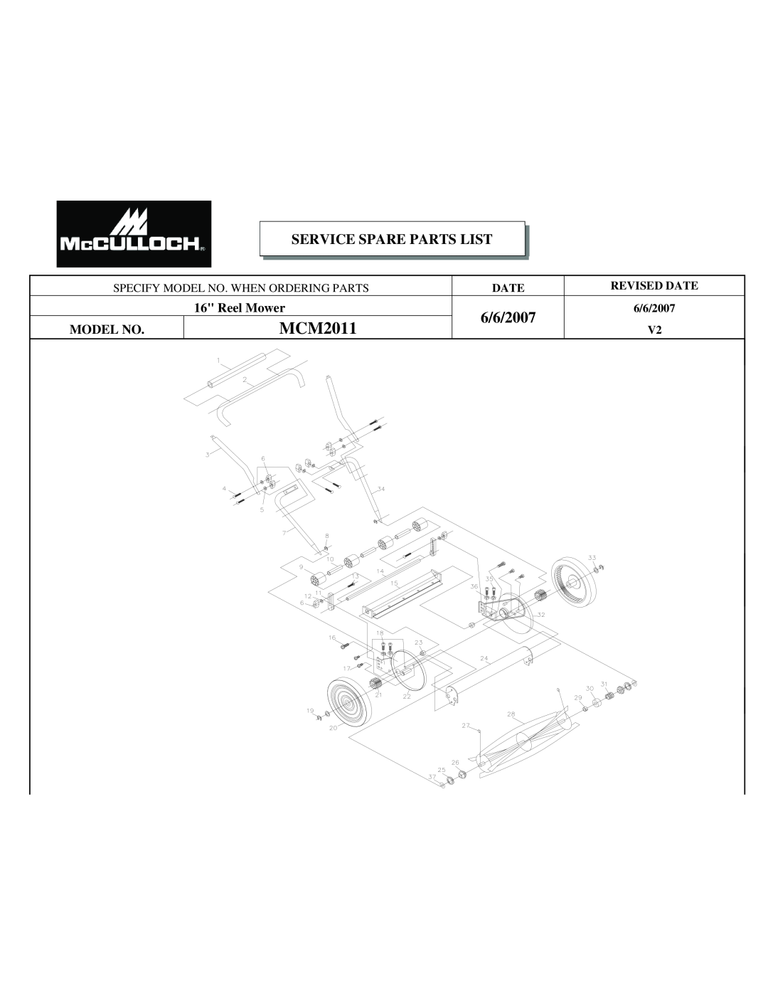 McCulloch MCM2013 user manual MCM2011, 6/6/2007, Service Spare Parts List, Specify Model No. When Ordering Parts, Date 