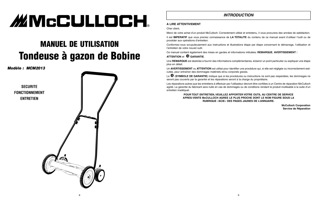 McCulloch Tondeuse à gazon de Bobine, Manuel De Utilisation, Modèle MCM2013, Securite Fonctionnement Entretien 
