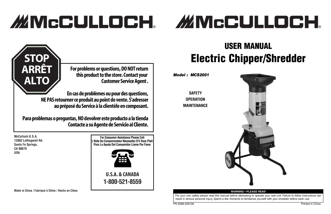 McCulloch MCS2001 user manual Alto, Usa 