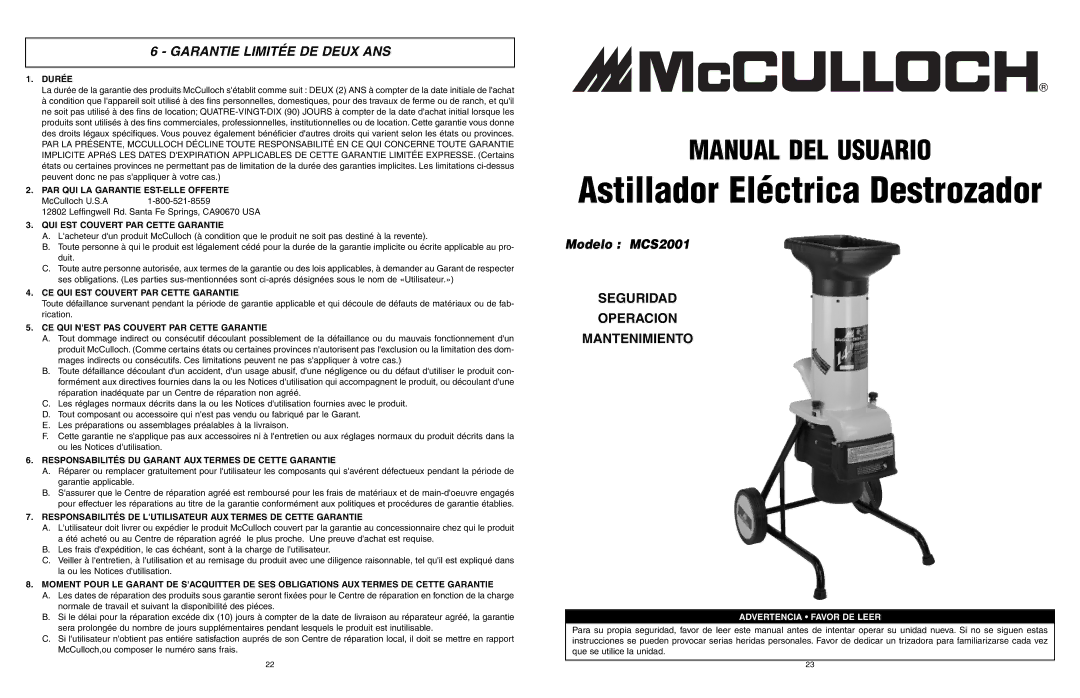 McCulloch MCS2001 user manual Garantie Limitée DE Deux ANS 