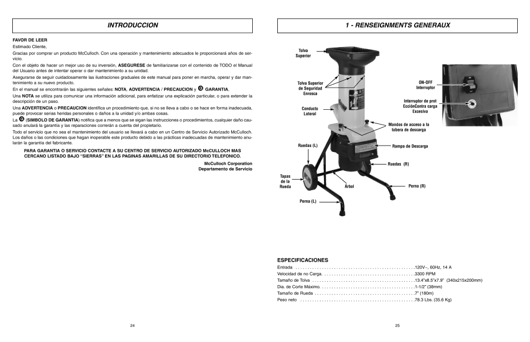 McCulloch MCS2001 user manual Introduccion, Renseignments Generaux, Especificaciones, Favor DE Leer 