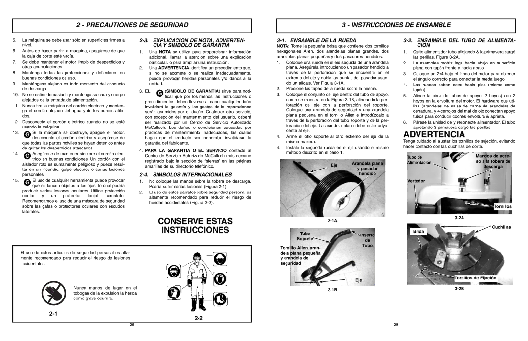 McCulloch MCS2001 user manual Conserve Estas Instrucciones, Precautiones DE Seguridad Instrucciones DE Ensamble 