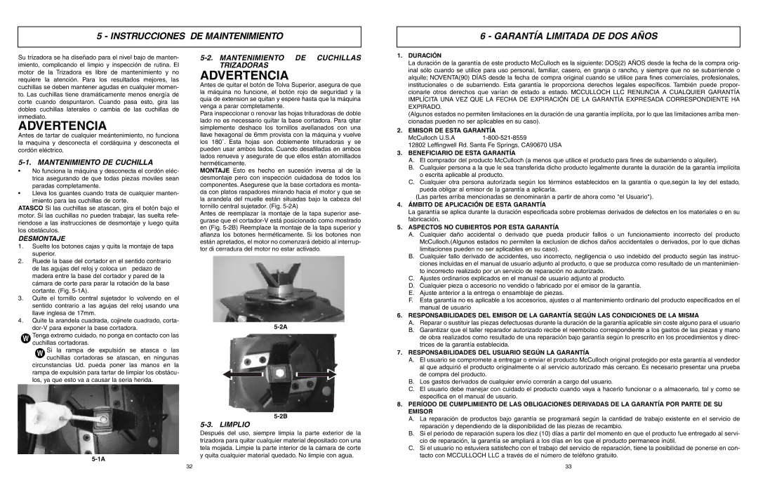 McCulloch MCS2001 user manual Mantenimiento DE Cuchillas Trizadoras, Limplio 