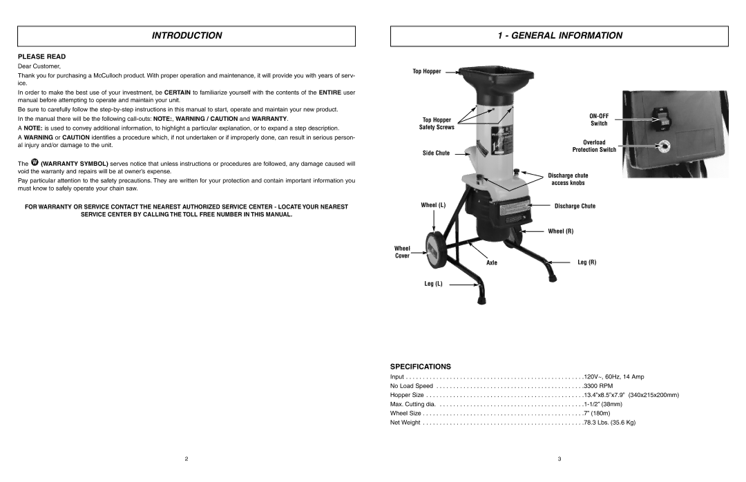 McCulloch MCS2001 user manual Introduction, General Information, Specifications, On-Off 