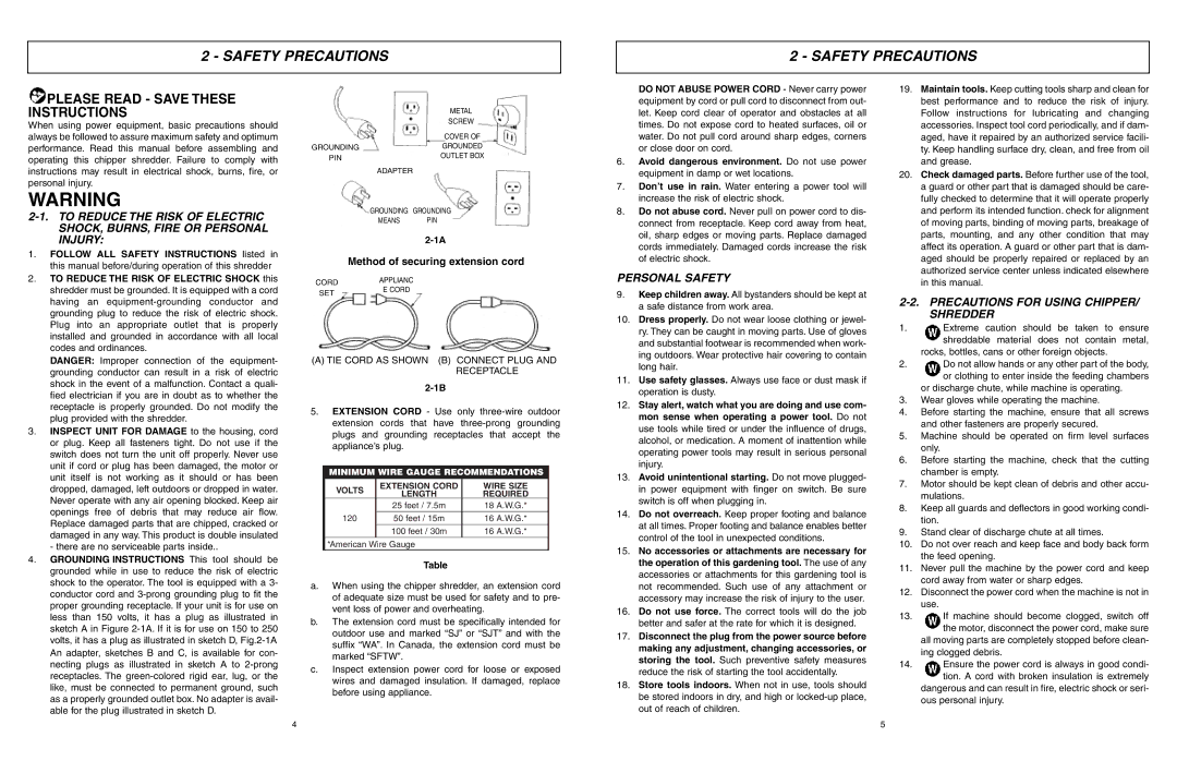 McCulloch MCS2001 user manual Safety Precautions, Personal Safety, Precautions for Using CHIPPER/ Shredder 