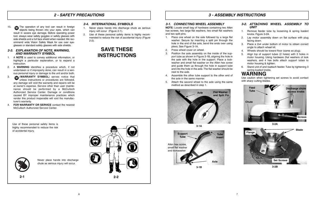 McCulloch MCS2001 user manual Save These Instructions, Safety Precautions Assembly Instructions 