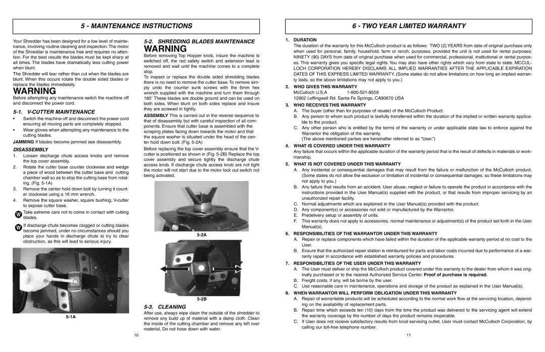 McCulloch MCS2001 Maintenance Instructions TWO Year Limited Warranty, Cutter Maintenance, Shredding Blades Maintenance 