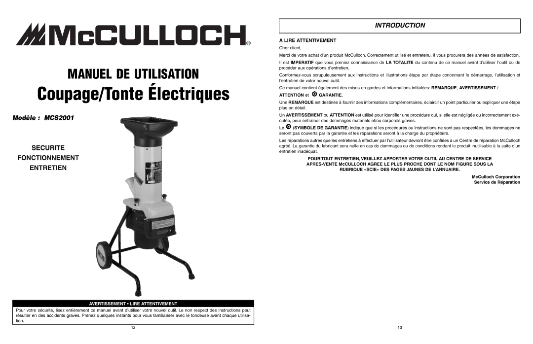 McCulloch MCS2001 user manual Coupage/Tonte Électriques 