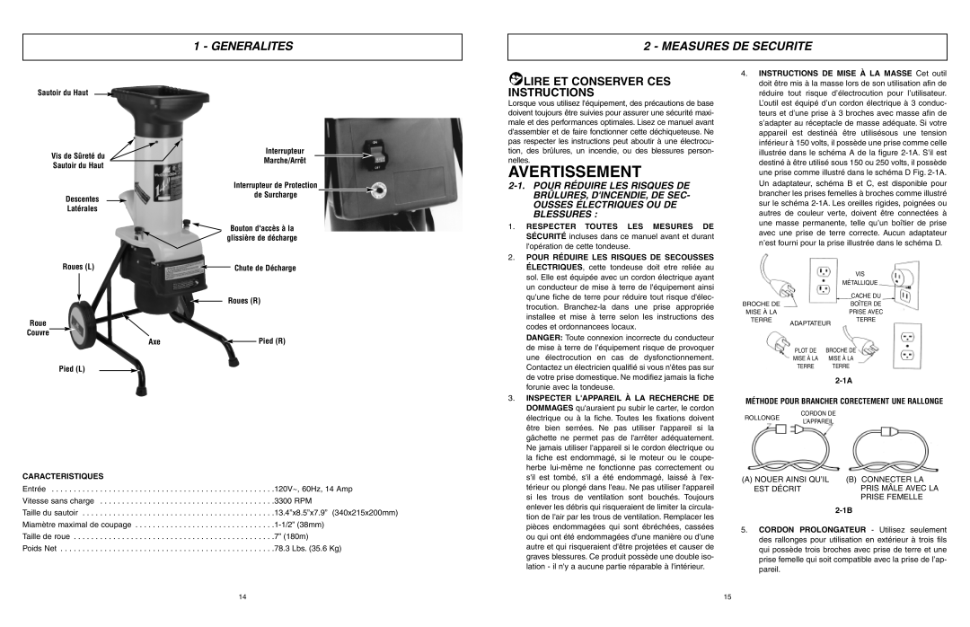 McCulloch MCS2001 user manual Avertissement, Generalites Measures DE Securite, Caracteristiques 